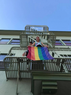 Hoyt Hall Rainbow Flag Unfurled on Fire Escape