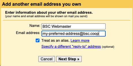 gmail pop-up preferred address field